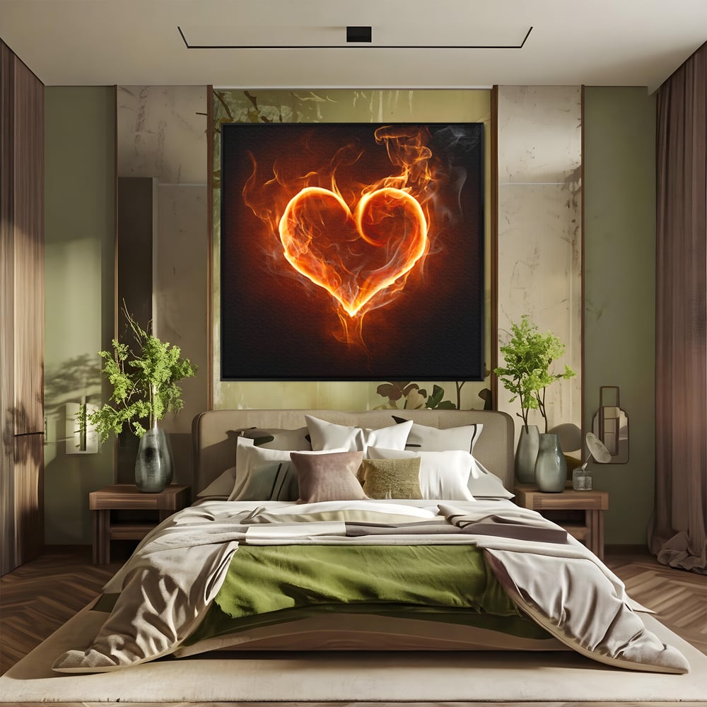 Tablou canvas cu tablou canvas cu inima in flacari, in rama de aluminiu negru, pe perete intr-un dormitor